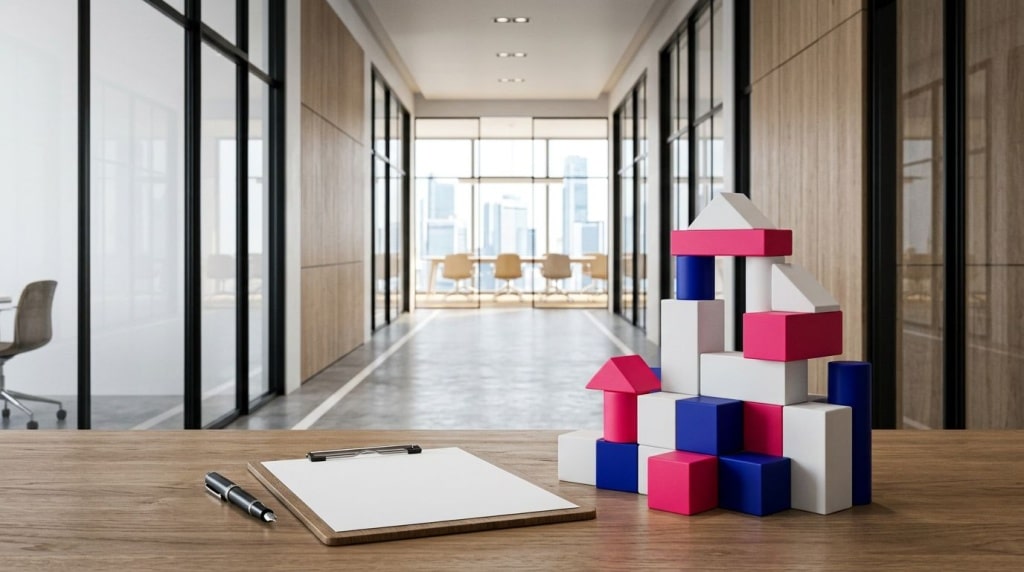 Blocos de construção coloridos em ambiente de escritório moderno.