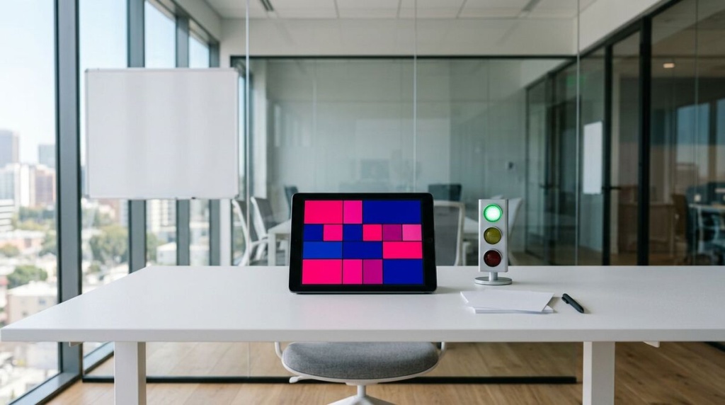 Mesa de escritório moderna com tablet e sinalizador