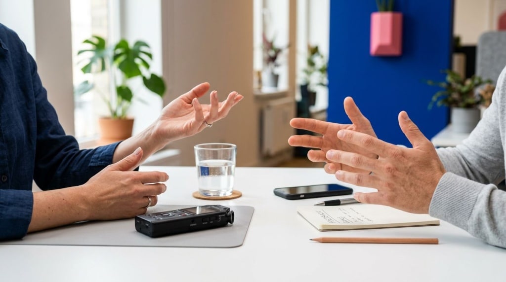 Duas pessoas conversando com gravação e bloco de notas