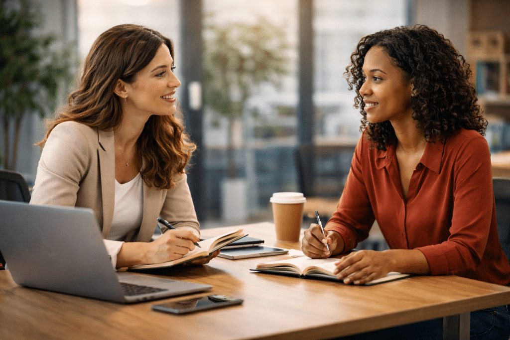 Duas mulheres conversando em um ambiente de trabalho