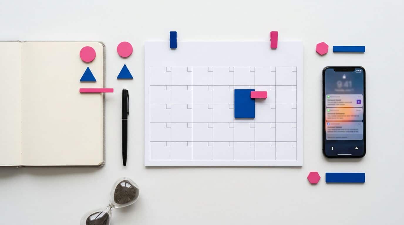 Calendário com objetos de escritório e celular ao lado.