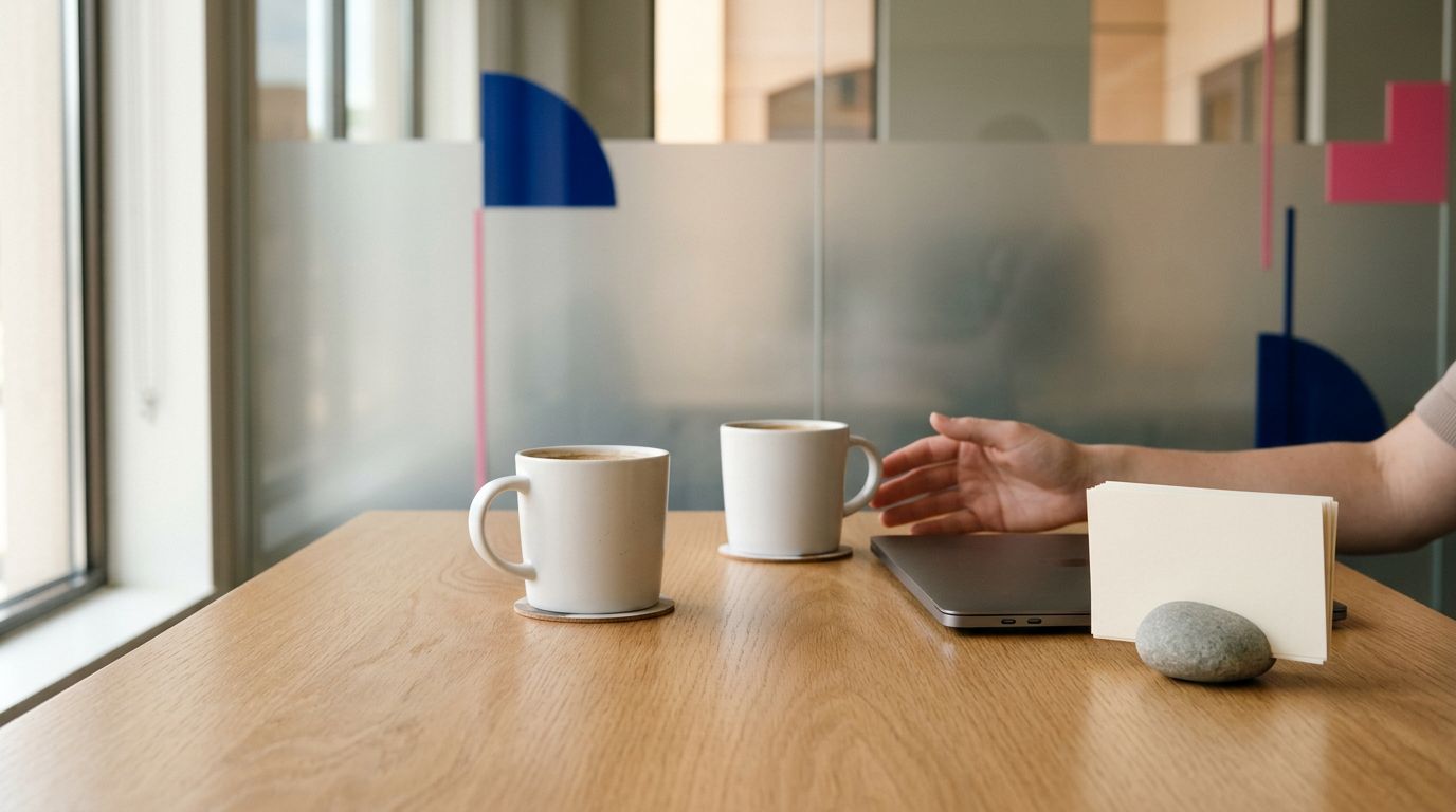 Mesa de trabalho com duas xícaras de café e um laptop